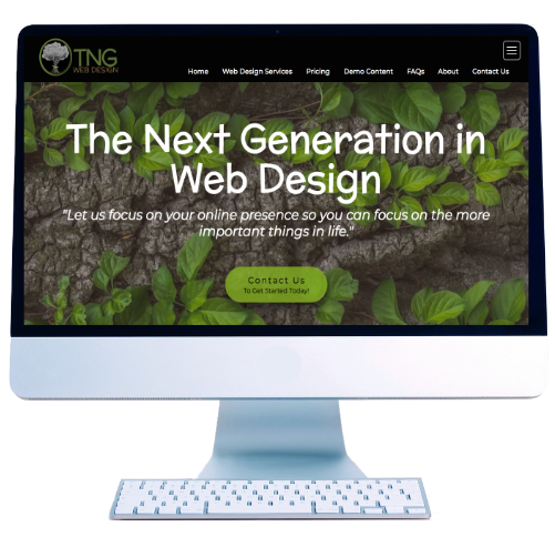 Desktop monitor with image of TNG Web Design's webpage on it